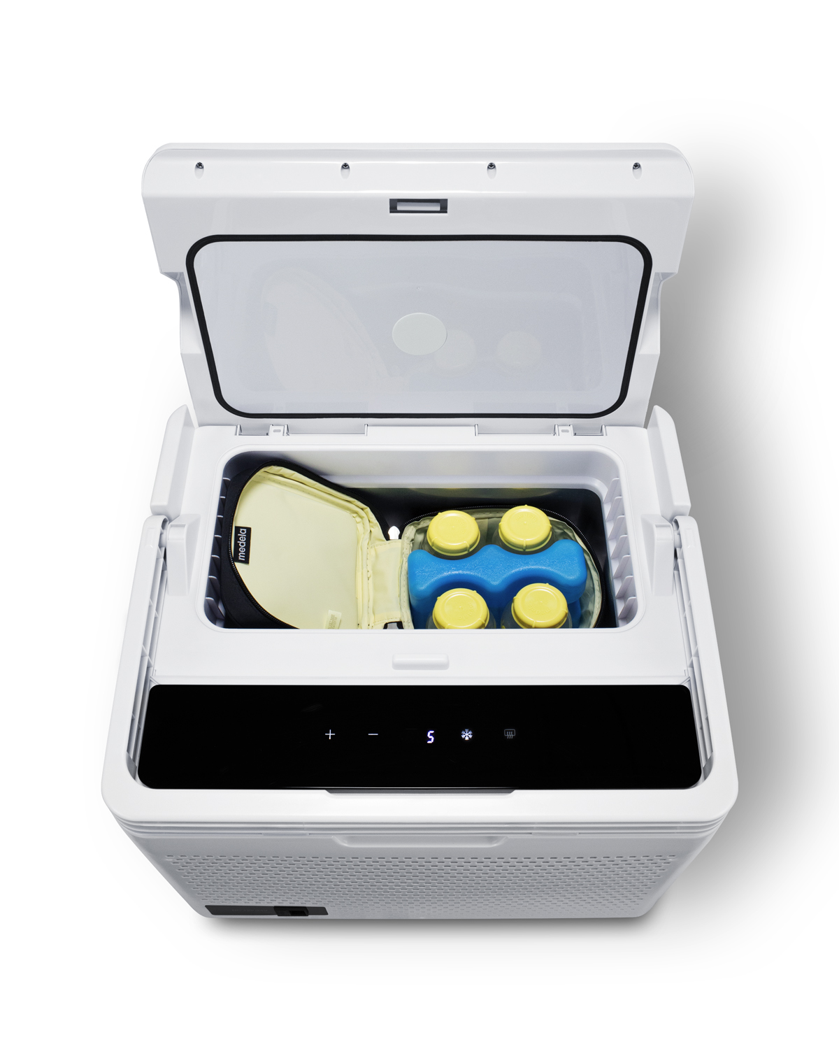 Portable 12V/24V MOMCUBE cooler operates as a refrigerator or freezer for breast milk storage, with AC adapter included